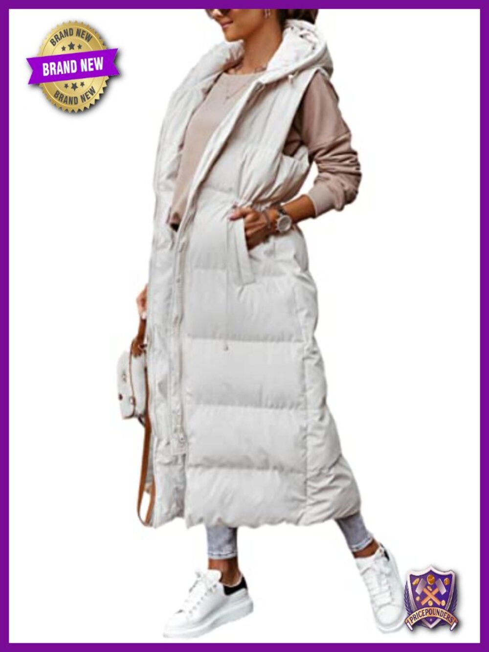 Long quilted puffer vest hooded maxi length sleeveless padded coat